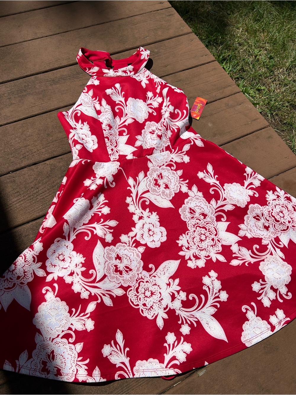 Juniors Red Floral Fit & Flare Dress